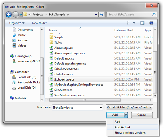 Add Existing Item - Add As Link