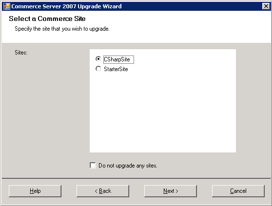 CS 2007 Upgrade Wizard: Select a Commerce Site